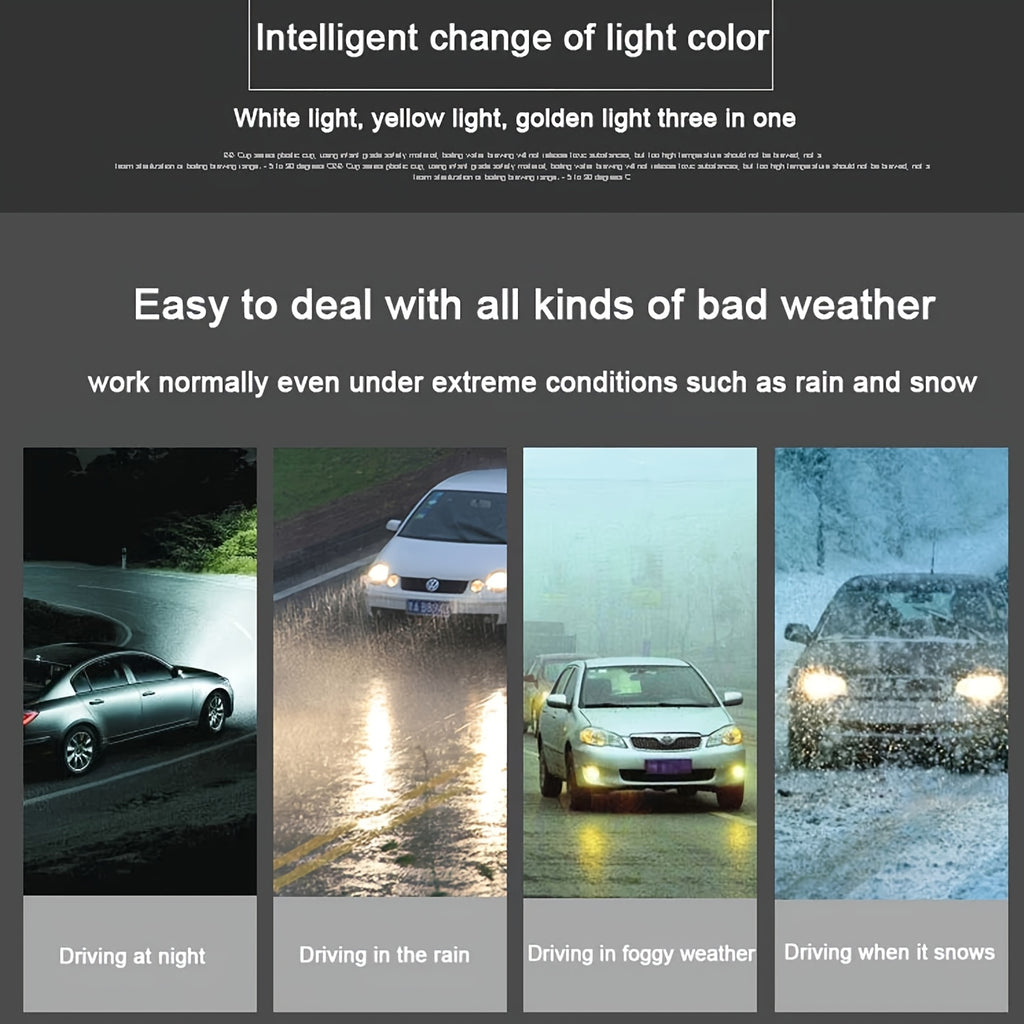 Tri-Color Car LED Headlight Kit, 2-Pack, H1 H4 H7 H11 9005 9012, 60000LM, Super Bright Fog Light Bulbs, Universal Compatibility, No Battery Included