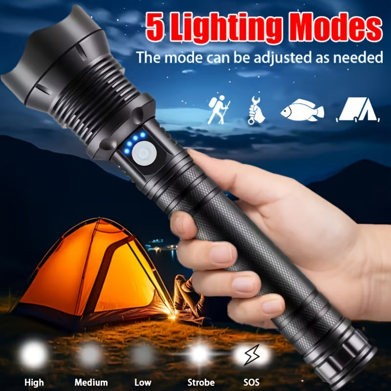 Extended Zoomable High Lumen Flashlight, Multifunctional Night Search Light with Power Indicator, USB Rechargeable Emergency Work Light for Hiking Camping Fishing