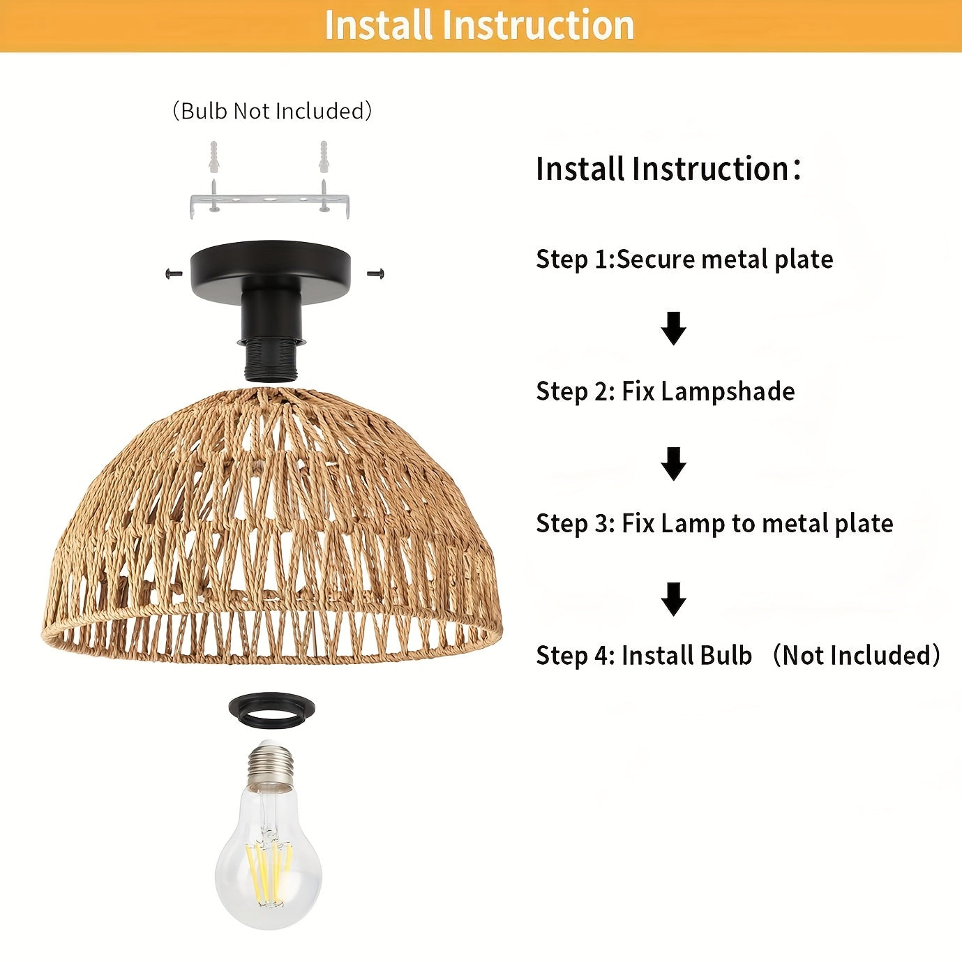 1 Bohemian Style Rattan Lamp with E27 Socket - Handwoven Rope Design, Semi-Flush Mount, Suitable for Bedroom, Hallway, Kitchen, Living Room, Dining Room Pendant Light, Rustic Coastal Style