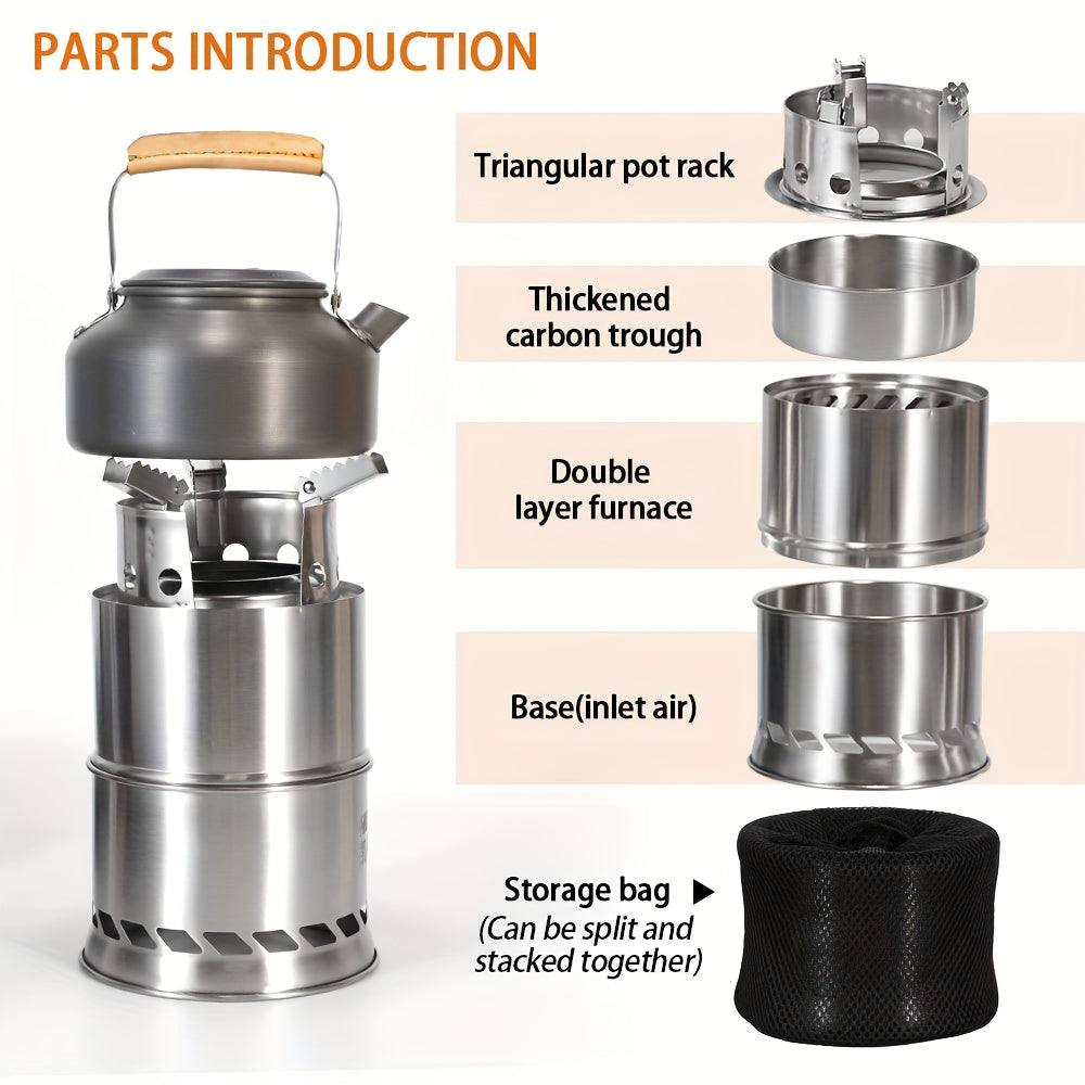 Portable Outdoor Stove, Stainless Steel Double-Layer Heat Concentrating Wood Burning Stove, Detachable Stackable Camping Stove, Detachable Design with Built-In Circulation System for Charcoal Burning, Home Fireplace