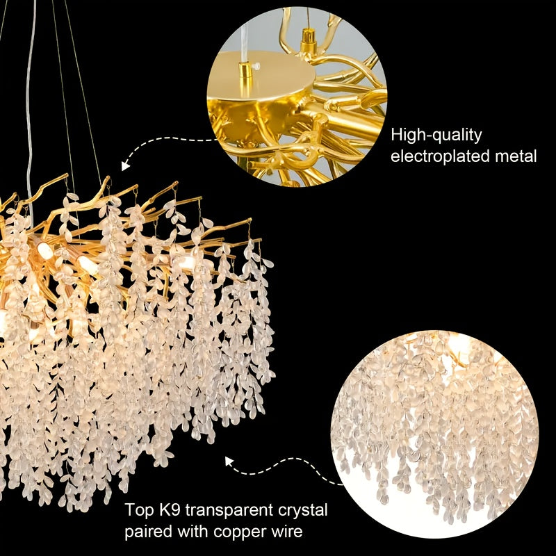 1 piece modern branch-shaped round crystal chandelier, gold handcrafted aluminum branch design, semi-flush mount installation, compatible with G9 bulbs (bulbs not included), suitable for dining room, living room, bedroom, villa