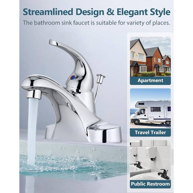 Bathroom Faucet 4" Centerset - Single Handle Lavatory Faucet with Supply Lines & Pop-Up Drain Assembly, Polished Chrome, Plumbing Supplies, Bathroom Accessories, Modern Bathroom, High-Quality Valve, Commercial Bathroom, Modern Homeowner