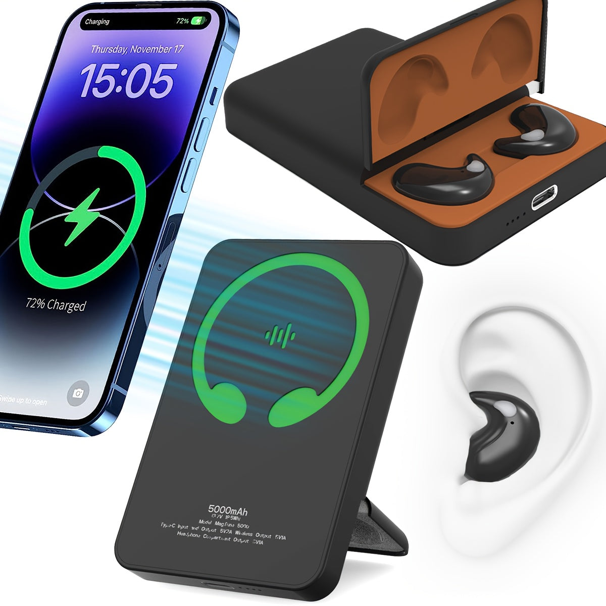 2-In-1 Magnetic Portable Charger And Earbuds: A 5000Mah Wireless Power Bank with Built-In True Wireless Stereo Earphones, Mag-Safe Battery Pack for Iphone 17, 16, 15/14/13/12, Compatible with Galaxy S6-S24 And Android Devices