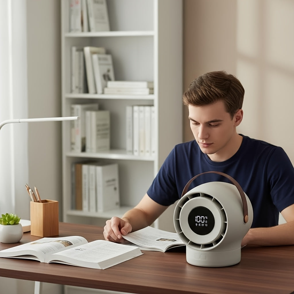 Portable Mobile Desk Fan, 100-Speed Digital Display Precise Control, 180° Smart Oscillating Air Supply, Leather Handle, Compatible with Diverse Home Styles/