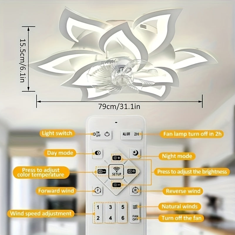 31.1 Inch Remote Control Ceiling Fan with Light, Decorative Style Ceiling Fan, 3 Colors Available, 6 Speed Settings, Modern Indoor Flush Mount Ceiling Fan