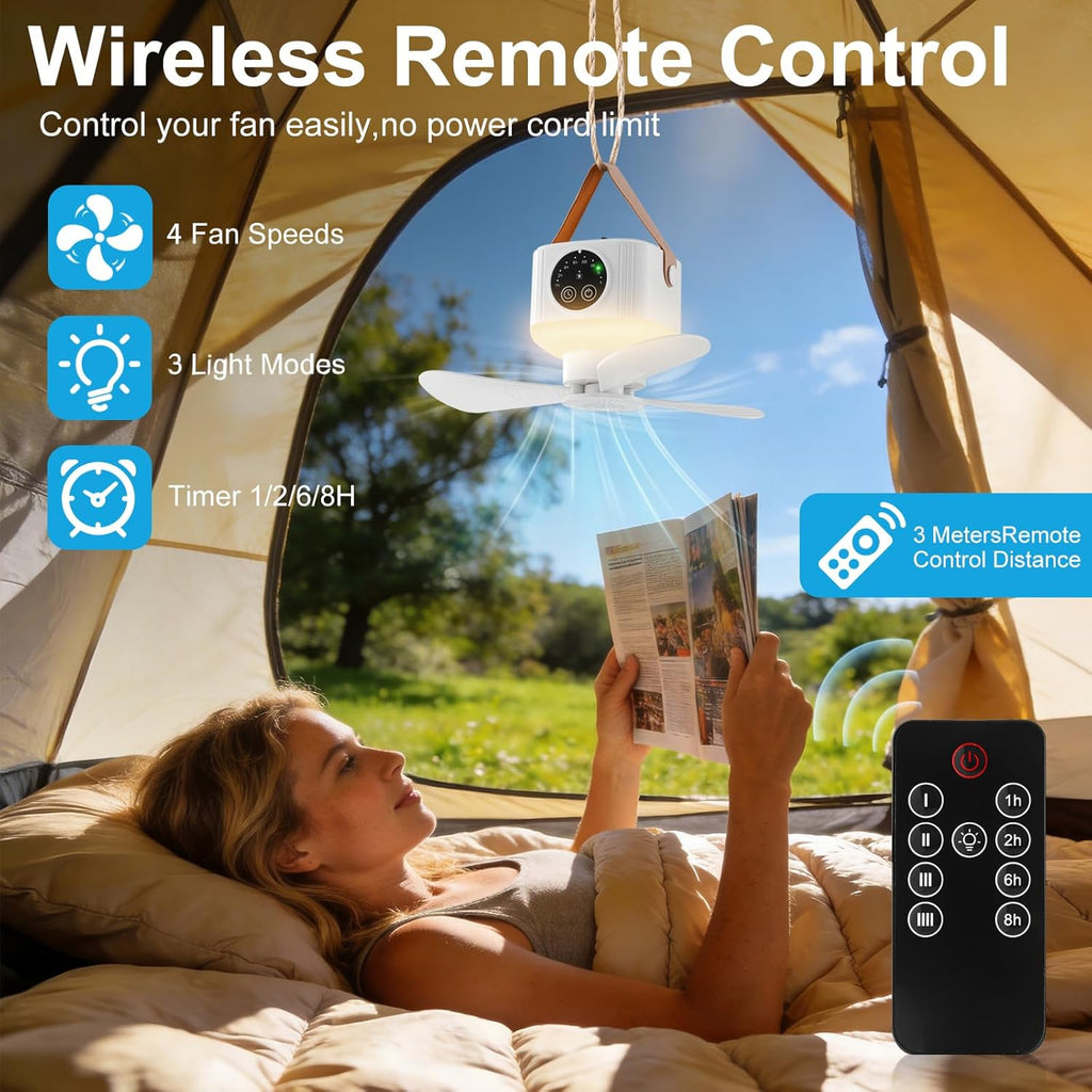 Portable Camping Ceiling Fan, LED Tent Fan with Remote & Timer, 360° Adjustable Head, 4 Speed & Brightness Levels, for Tent Camping RV Travel Barbecue Fishing