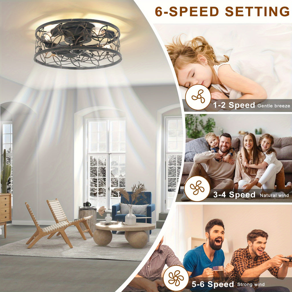 Enncll Farmhouse Ceiling Fan with Light and Remote, 18 Inch Black Caged Bladeless Ceiling Fan Light, Flush Mount Fixture for Kitchen and Bedroom