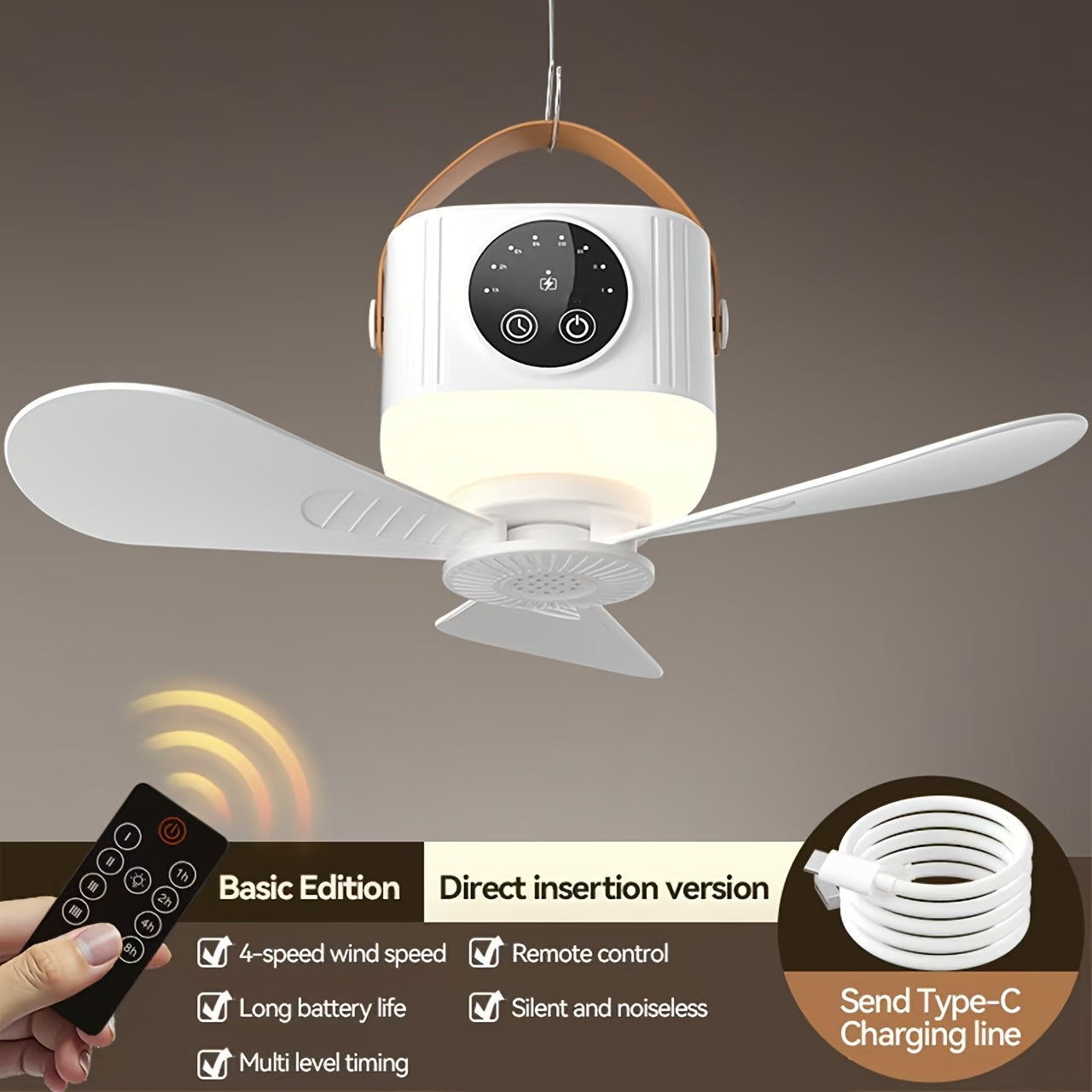 USB Dormitory Ceiling Fan, Touch Stop Design, 4 Speed Levels, 4 Timing Modes, 3 Ambient Light Modes, Remote Control, Strong Wind Quiet Operation, Ideal for Camping, Home, Bedroom, Office, Dormitory and Workshop