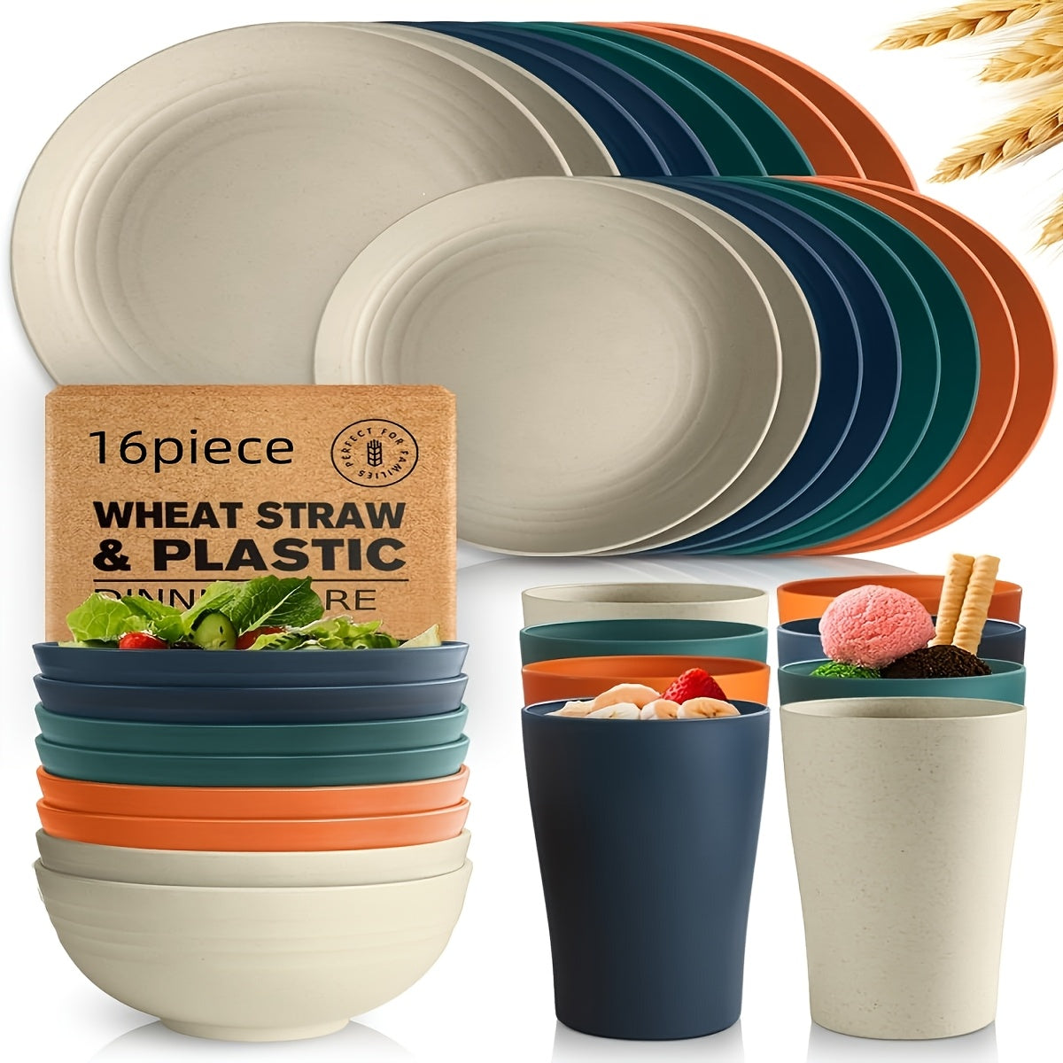 16/32Pcs Wheat Straw Plastic Tableware Set 4/8 Person Unbreakable Dinner Plate Dessert Plate Cereal Bowl Cup Outdoor Camping Family Birthday Party Tableware
