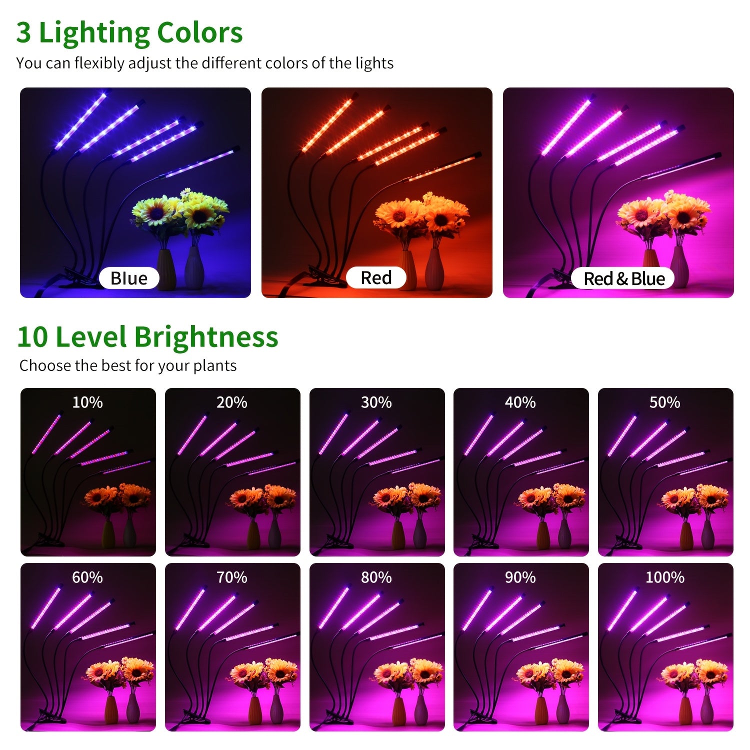Smart gardening LED plant light, adjustable light source plant grow light, multi-angle clip design, timer function, universal for flowers