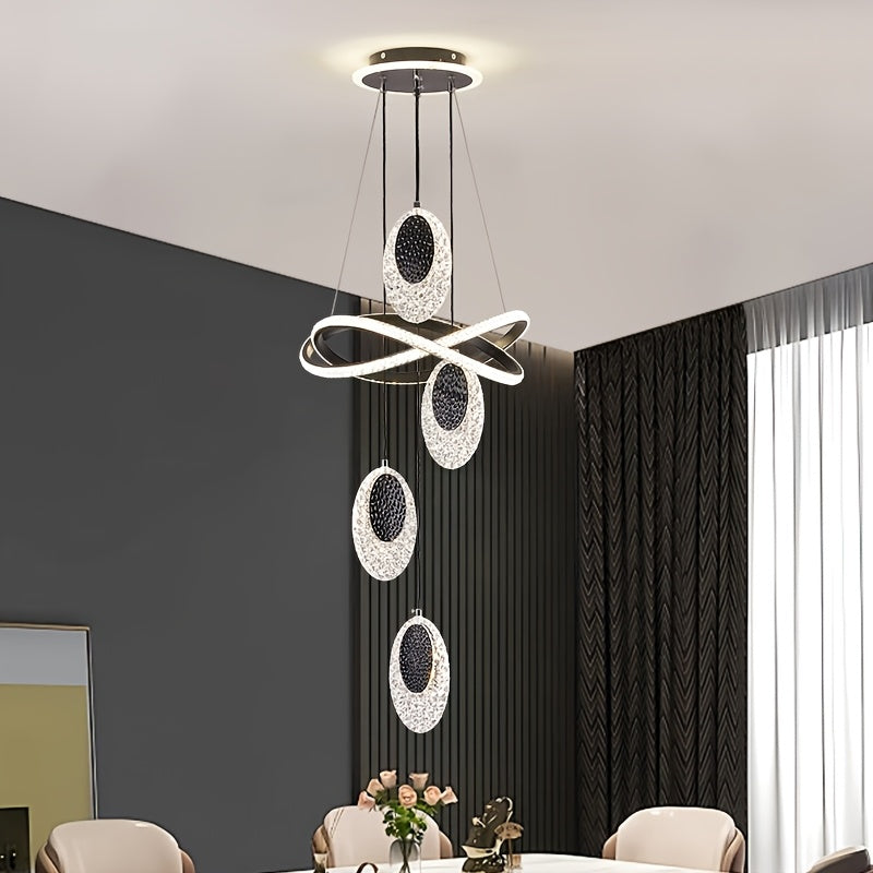 Modern LED Indoor Pendant Light with 4 Oval Disc-Shaped Pendants, 3-Color Temperature Adjustable Lighting Fixture