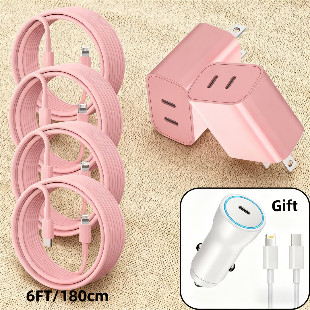 Pink Charger for Iphone 14, Featuring a 20W Dual-Port USB-C Wall Charger for Quick Charging, Along with Four 6-Foot USB-C to Lightning Cables, Compatible with for iphone Models 14, 13, 12, 11 Plus, Pro, And Pro Max. Ideal As Christmas Gifts