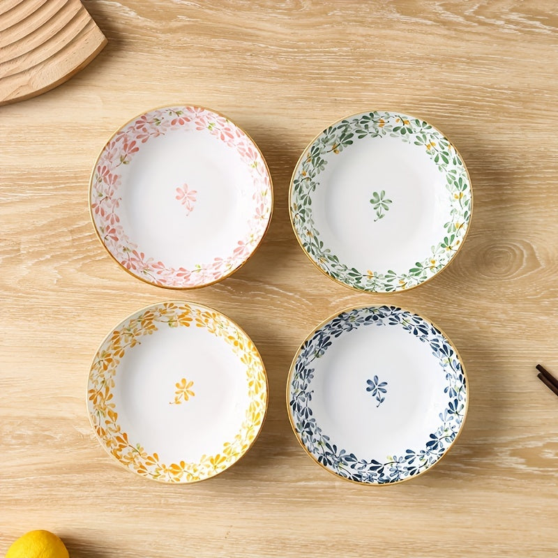 4-Piece Ceramic Dinner Plate Set with Floral Pattern – Perfect for Parties, Hot Pot, Picnics & BBQs – Ideal for Serving Fruit, Vegetables, Desserts & Salad