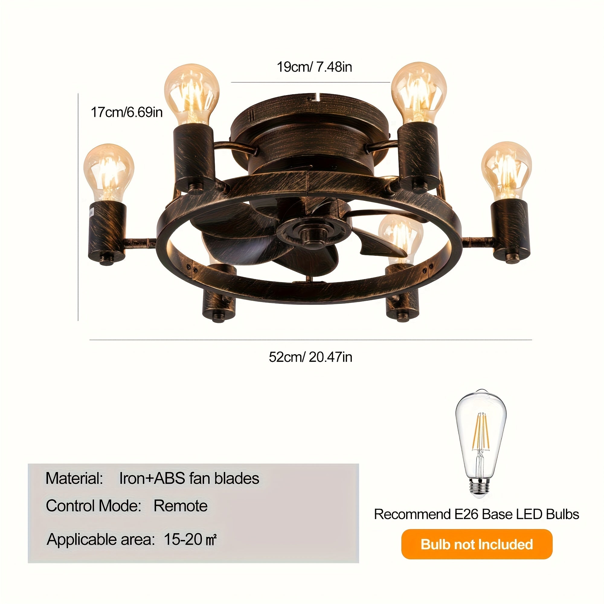 20 Inch Low Profile Flush Mount Ceiling Fan with Light - Remote Control, 6-Speed Quiet Motor, Timer Function, Reversible Fan & Light Control, Industrial Farmhouse Style for Bedroom, Bronze Finish with Grid Design