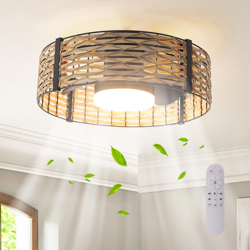 18W LED 20" Dimmable Bamboo Rattan Chandelier, Bohemian Ceiling Fan with Light & Remote, 6-Speed/Reversible Motor/RGB LED Compact Ceiling Fan for Bedroom Living Room Kitchen Nursery