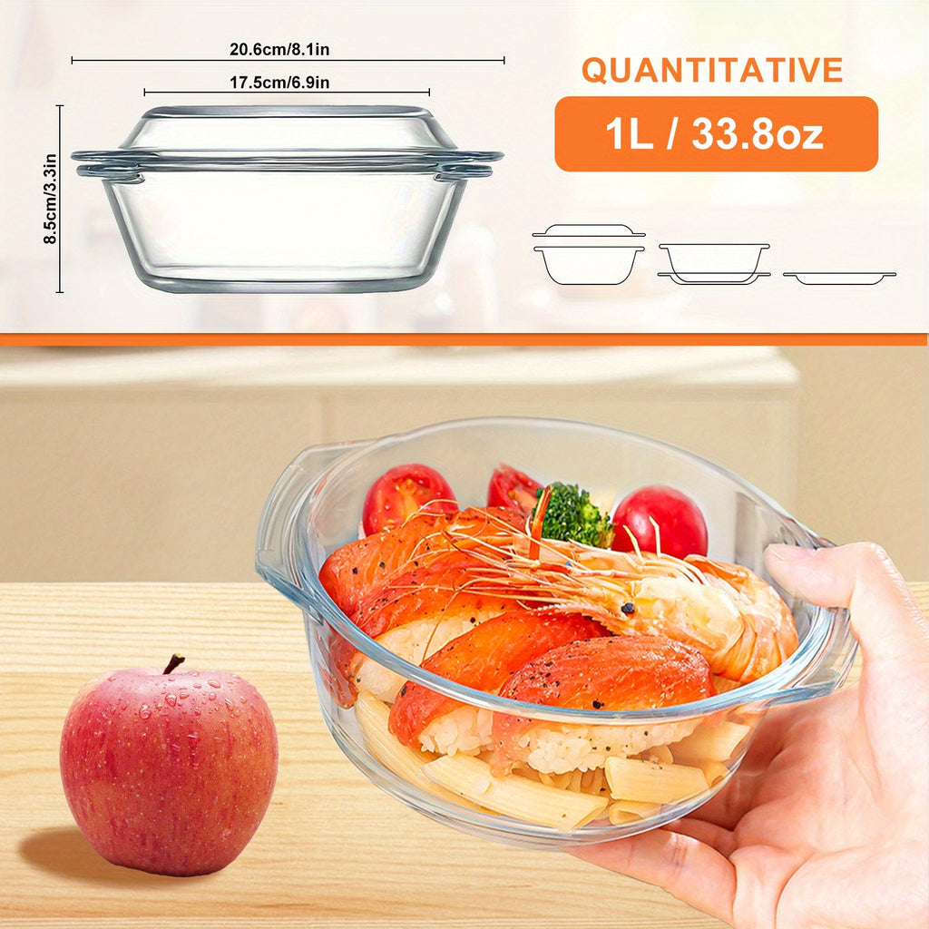2-Piece Set (1 Plate & 1 Bowl) Household Transparent Borosilicate Glass Heat-Resistant Crystal Pot with Lid – Microwave-Safe Glass Bowl & Plate for Baking Rice Dishes – Great for Christmas, Valentine's Day, Halloween, Easter