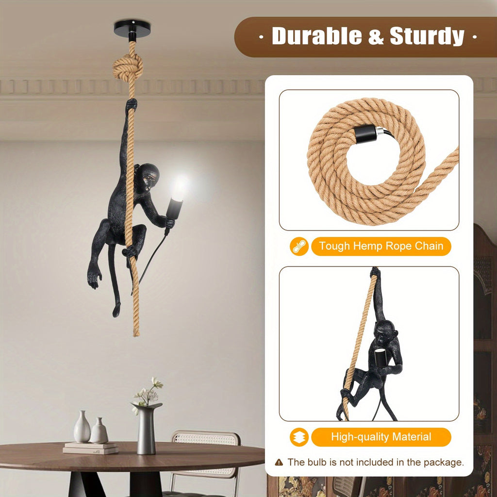 Lightweight Hanging Decor, Monkey Pendant Light, Vintage Resin Monkey-Shaped Pendant Light, Creative Jute Rope Hanging Fixture, Suitable for Dining Room, Living Room, Bar, Cafe
