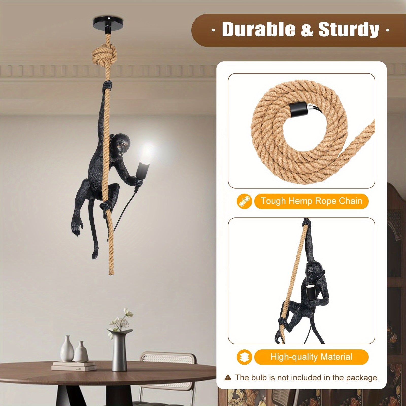 Lightweight Hanging Decor, Monkey Pendant Light, Vintage Resin Monkey-Shaped Pendant Light, Creative Jute Rope Hanging Fixture, Suitable for Dining Room, Living Room, Bar, Cafe
