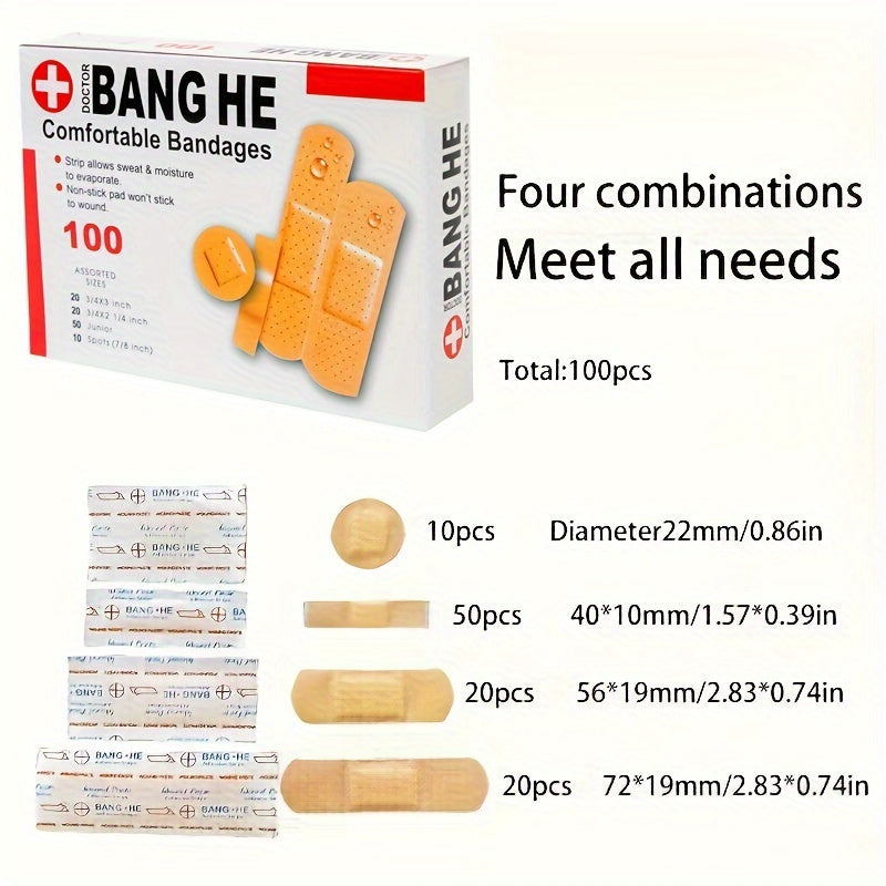 100pcs/盒组合型PE防水4款保护贴片，可贴粘度强 舒适 止血透气急救带 ，适用于自家、野外应急保护，品质符合FDA认证
