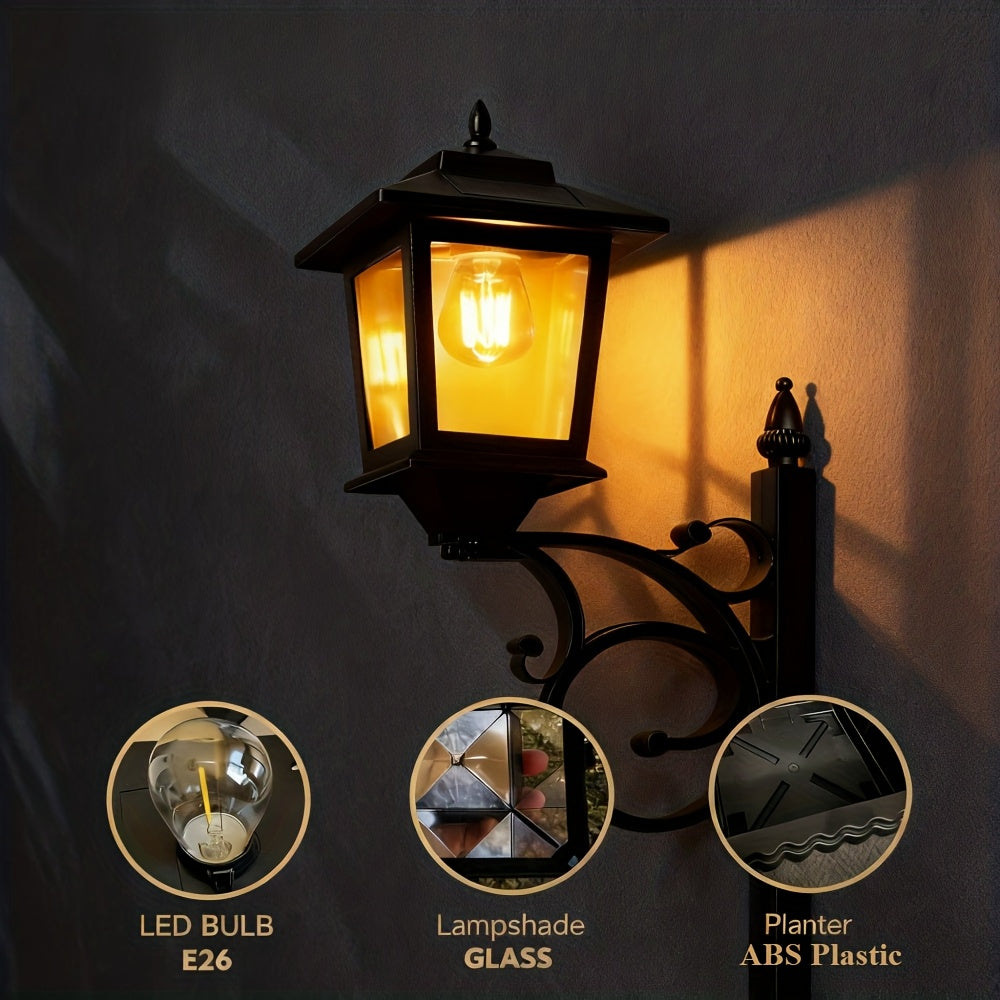 Solar Lamp Post Light - 2-in-1 Outdoor Planter, Suitable for Real or Artificial Flowers (Flowers Not Included). Glass Lampshade, 20 Lumen Glass Bulb, Wall-Mounted IP44 Decorative Outdoor Floor Lamp, Perfect for Lawn, Patio, Front/Back Door