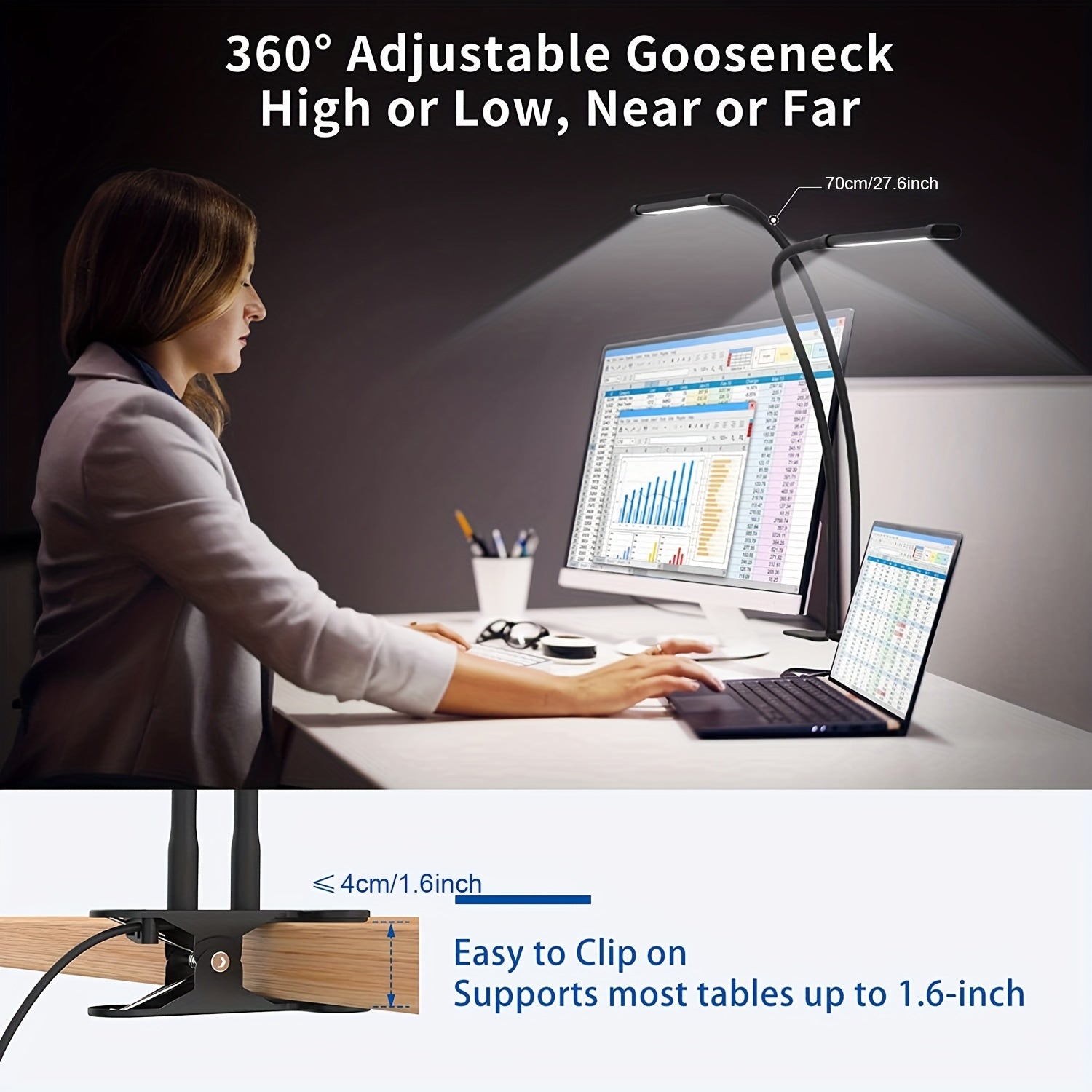1 modern LED desk lamp, with 2 LED tubes, clip-on design, 3 color modes, 10 brightness levels, dimmable, flexible gooseneck, USB powered, switch control, plastic material, suitable for home office reading and task lighting