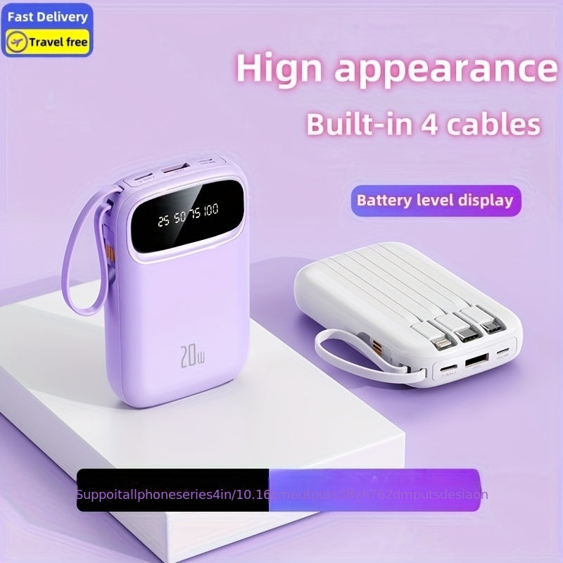 Latest Upgraded High-Value Light Luxury Style 10000mAh High-Capacity 5W/15W Portable Fast-Charging Power Bank with Real-Time Power Display, Smart Digital Display, Portable Lanyard, Ultra-Bright LED Light, Built-in 4 Cables
