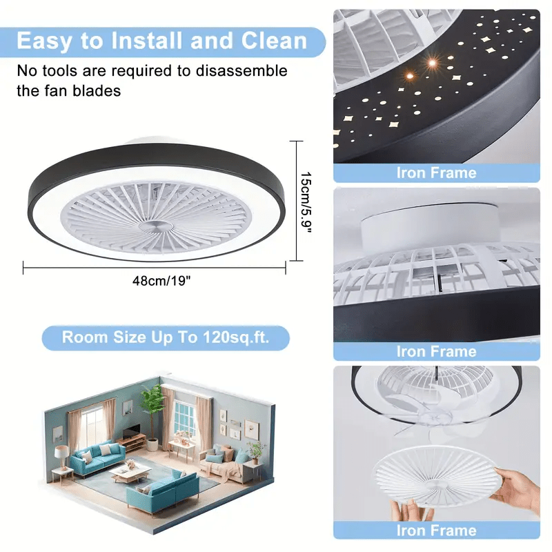 Modern Low Profile 19 Inch Ceiling Fan with Light, 6-Speed Dimmable LED Reversible Bladeless Fan Light, DC Silent Motor Flush Mount Ceiling Fan, Perfect for Bedroom and Kitchen