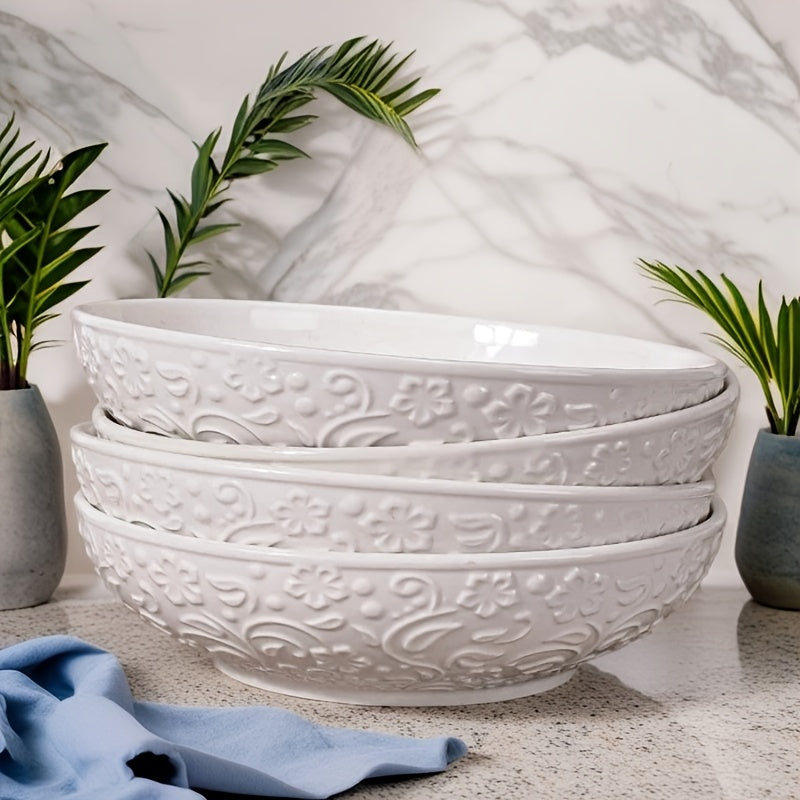 4-Pack Alterna Embossed Ceramic Bowl Set, Christmas Special: 30oz Pasta & Salad Bowl – Perfect for Halloween & Thanksgiving Gifts – Microwave & Dishwasher Safe