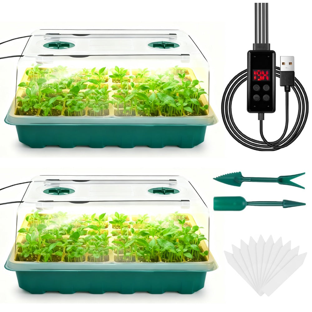 2/4 Pcs Seed Starter Tray with Grow Light, 48-Cell Germination Tray Humidity Dome Timer Dimmable Lamp, Ideal for Indoor Hydroponics Germination Kit Greenhouse Gardening Tools