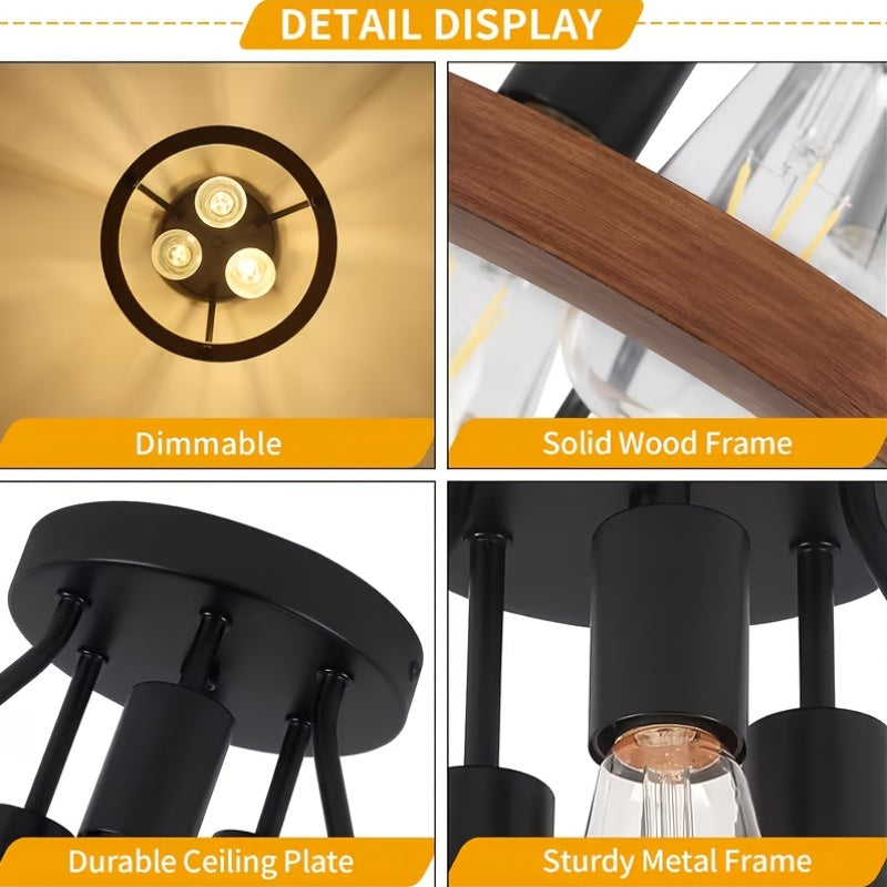 3-Light Metal Shade Wood Semi-Flush Mount Ceiling Light | Warm Glow Atmosphere Lighting, Suitable for Hallway, Bedroom and Kitchen, Modern Farmhouse Style Light Fixture, Living Room Chandelier, Rustic Decor, Oil-Rubbed Finish