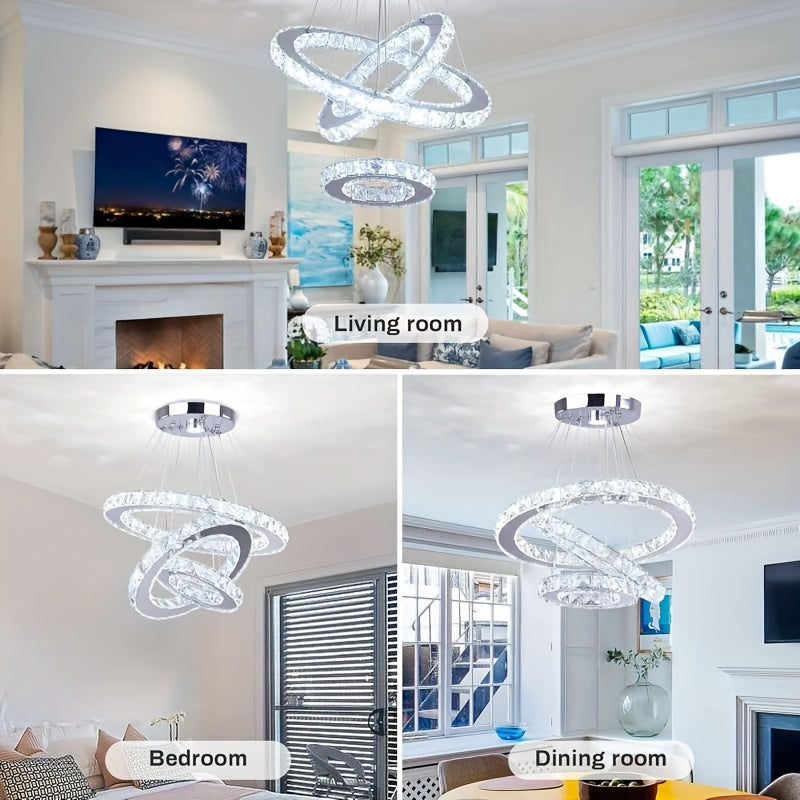 Modern LED Chandelier Crystal Pendant Light 3-Ring Round Pendant Light Adjustable Stainless Steel Ceiling Fixture, Suitable for Living Room, Dining Room, Bedroom