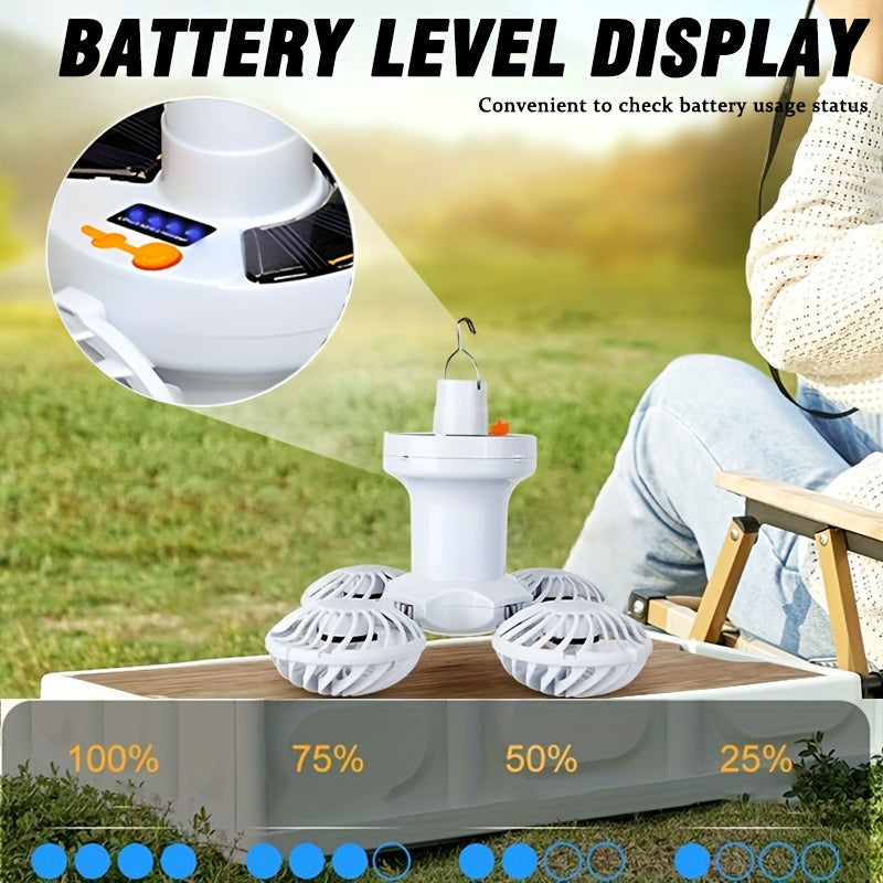 1Pc Solar & USB Rechargeable Tent Light, Portable LED Fan Light, 3 Modes Outdoor Camping Lantern, Emergency Work Light with Hook, Power Indicator, Foldable Emergency Flashlight, Ideal for Fishing, Hiking, BBQ and Outdoor Lighting