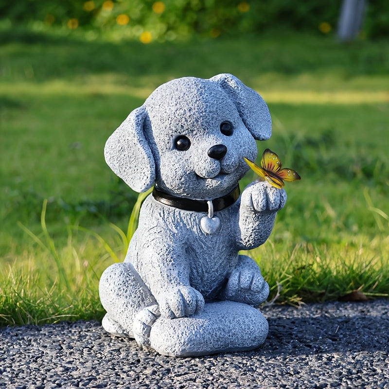 One Solar Puppy Holding Butterfly Garden Statue Light - Resin Outdoor Decoration, Perfect for Courtyard, Patio, Balcony or Porch, Solar Garden Decor