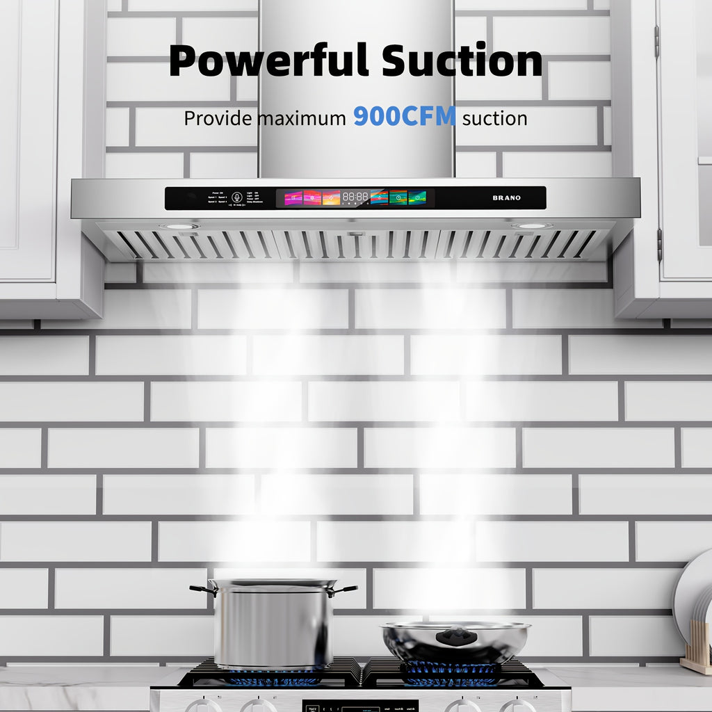 900 CFM Stainless Steel Wall-Mounted Range Hood – Ducted/Ductless Convertible Kitchen Exhaust Hood with Voice Control, 4-Speed Exhaust Fan, Memory Mode, 4 Adjustable Lights