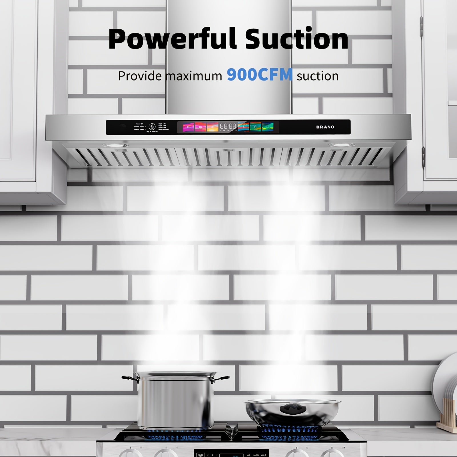 900 CFM Stainless Steel Wall-Mounted Range Hood – Ducted/Ductless Convertible Kitchen Exhaust Hood with Voice Control, 4-Speed Exhaust Fan, Memory Mode, 4 Adjustable Lights