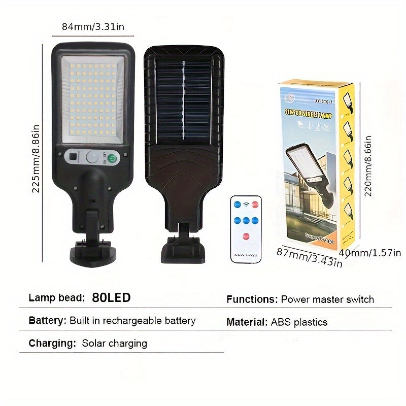 1 Piece 80LED Solar Sensor Street Light, ABS Material, Ultra-High Power Built-in Rechargeable 18650 Lithium Battery, with Infrared Sensor Function Wall-Mounted Solar Light, Including Motion Sensor 3 Functional Modes