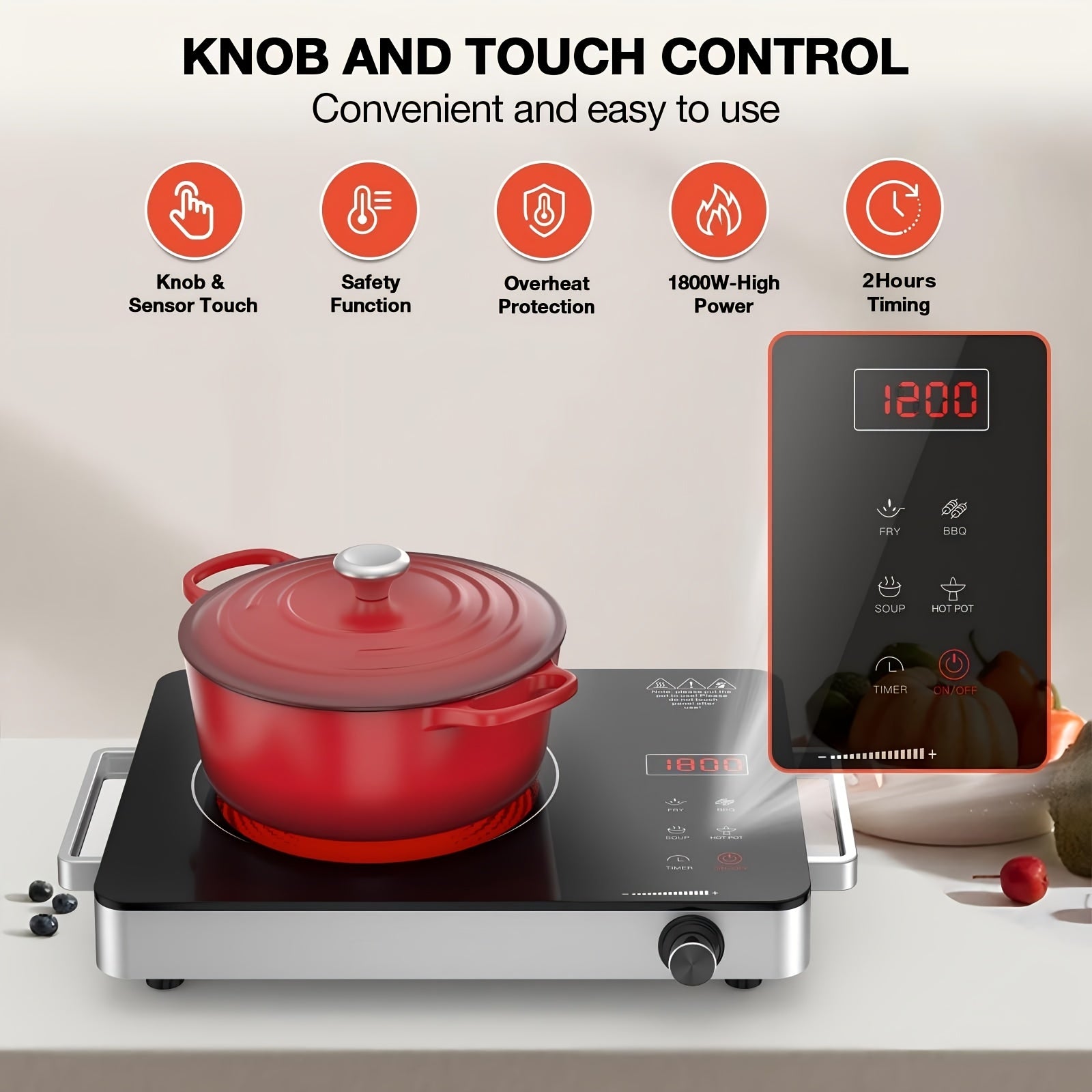 Electric Stove, Portable Single Burner Cooktop with Plug, Hot Plate Countertop Stove, 110V Infrared Burner, Child Safety Lock, Timer, Touch & Knob Control