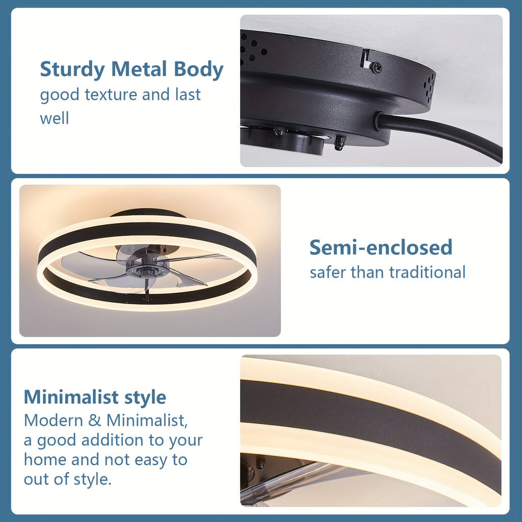19.7 Inch Low Profile Flush Mount Ceiling Fan with Light & Remote, Bladeless Smart LED Ceiling Fan Light, Modern Black Bedroom Ceiling Fan