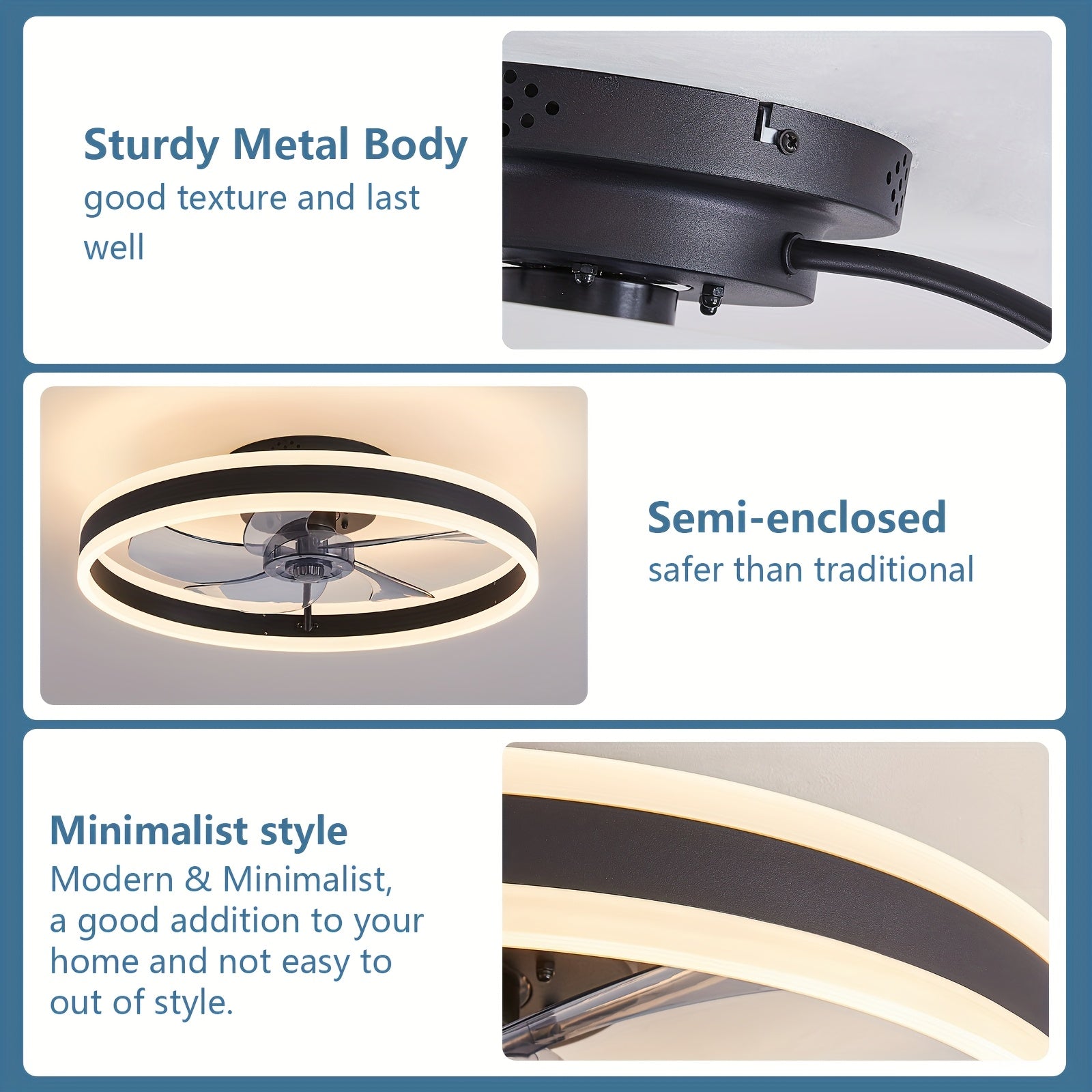 19.7 Inch Low Profile Flush Mount Ceiling Fan with Light & Remote, Bladeless Smart LED Ceiling Fan Light, Modern Black Bedroom Ceiling Fan