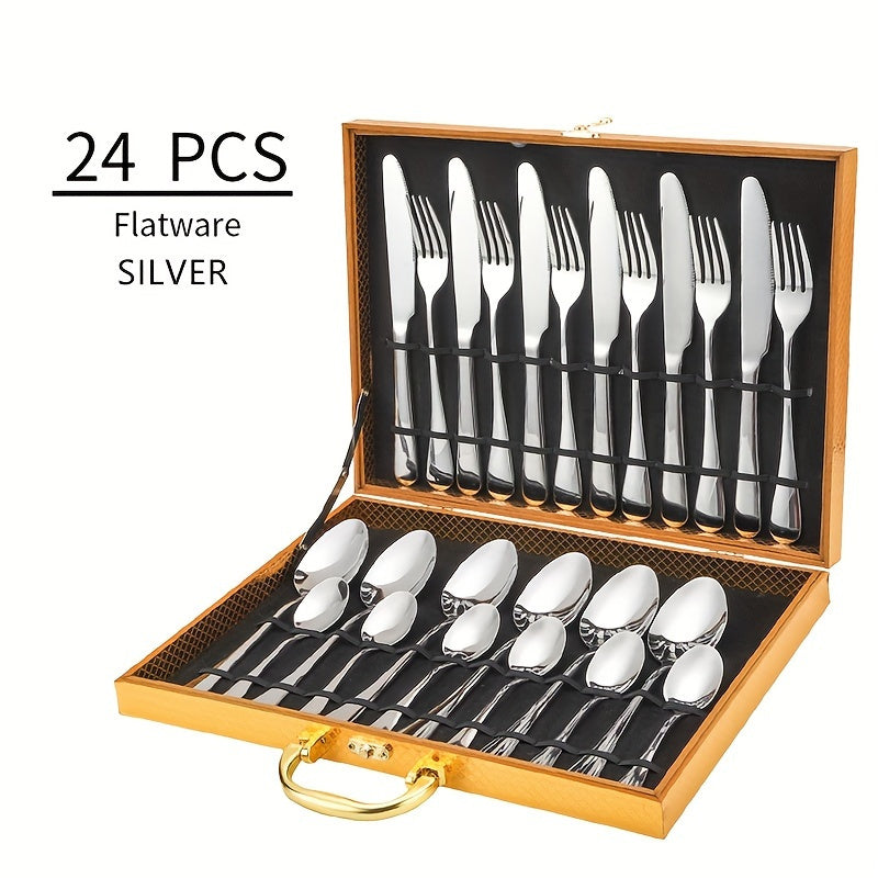 24-Piece Elegant Stainless Steel Black Cutlery Set – Classic 24-Piece Knife, Fork & Spoon Gift Box Set – Mirror Polished 6-Person Gold Cutlery Set with Gift Box Packaging – Dishwasher Safe – Perfect for Weddings, Parties, Restaurants, Hotels