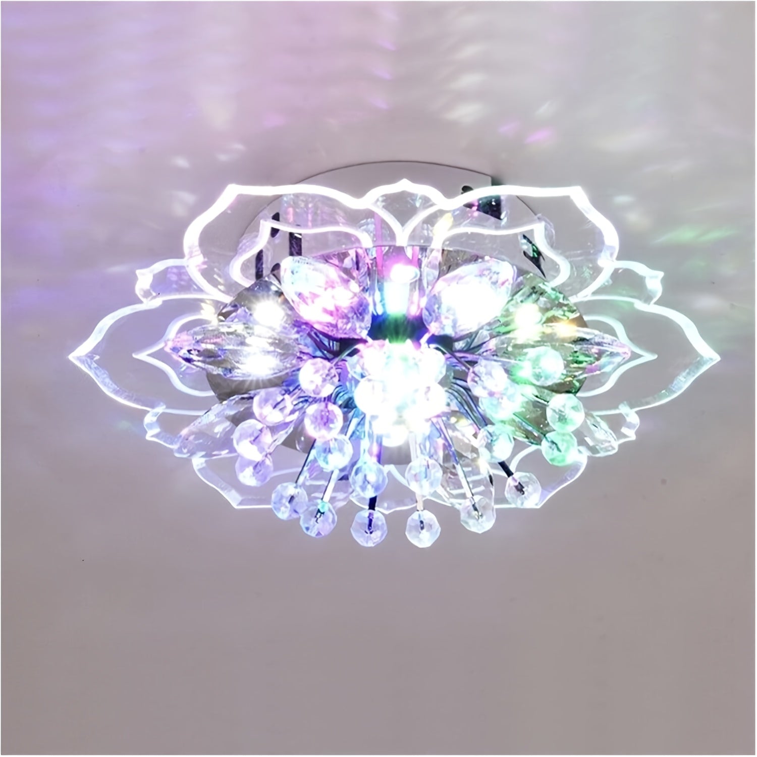 Crystal Glass Ceiling Light Flower-Shaped Colorful Mini Ceiling Light, Adjustable Light Color, Semi-Flush Mount Hardwired, Suitable for Hotel, Living Room, Hallway, Corridor, with LED Light Source