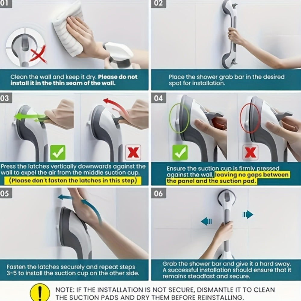 2 Pack 17-Inch Suction Cup Bathroom Grab Bar - No-Drill Safety Rail for Shower & Bathtub, Anti-Slip, Fall Prevention for Toilet, Tub, Shower