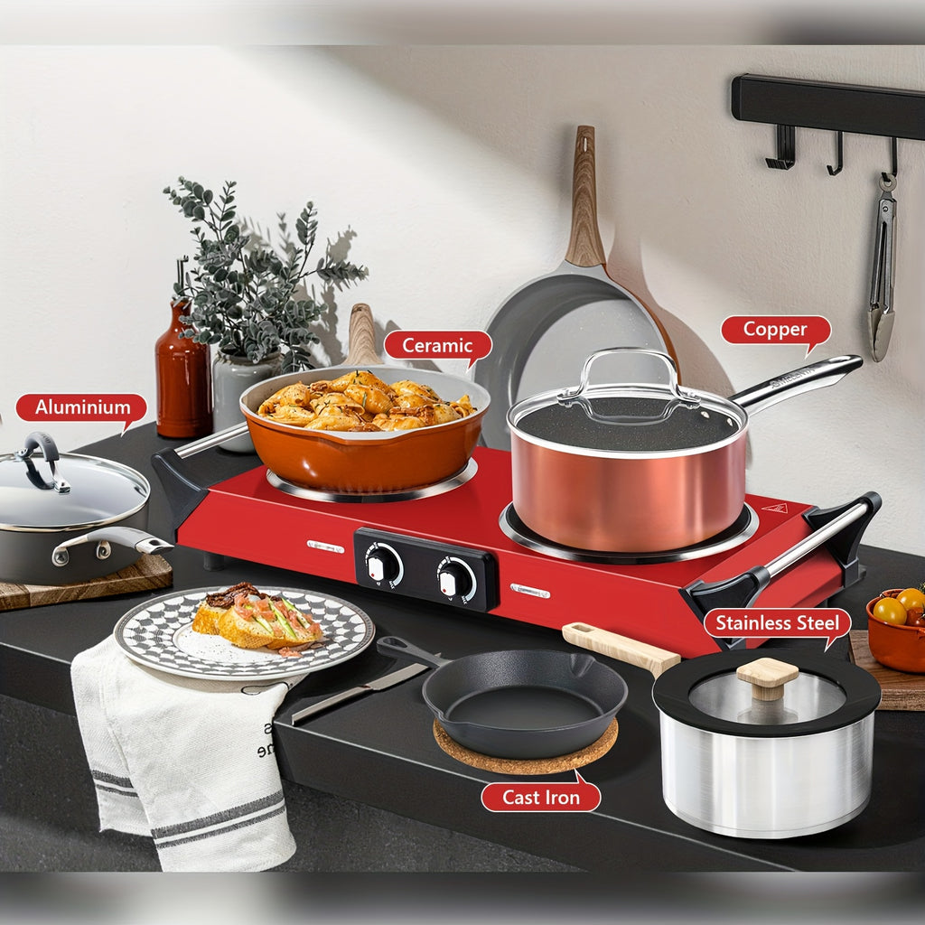 1800W Double Burner Electric Stove with Infrared Ceramic Cooktop, Dual Independent Controls & Cool-Touch Handles – A Portable Hot Plate for Home, Dorm, Camping & RV, Featuring Rapid Heating & Easy-Clean Surface