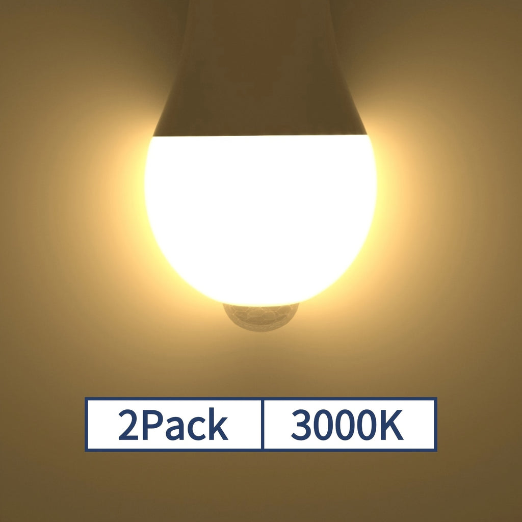 2-pack E26 screw base A19 sensor LED bulb 9W 3000K warm white light - automatic on/off plug-and-play, no additional wiring required | suitable for basements, wardrobes, storage rooms