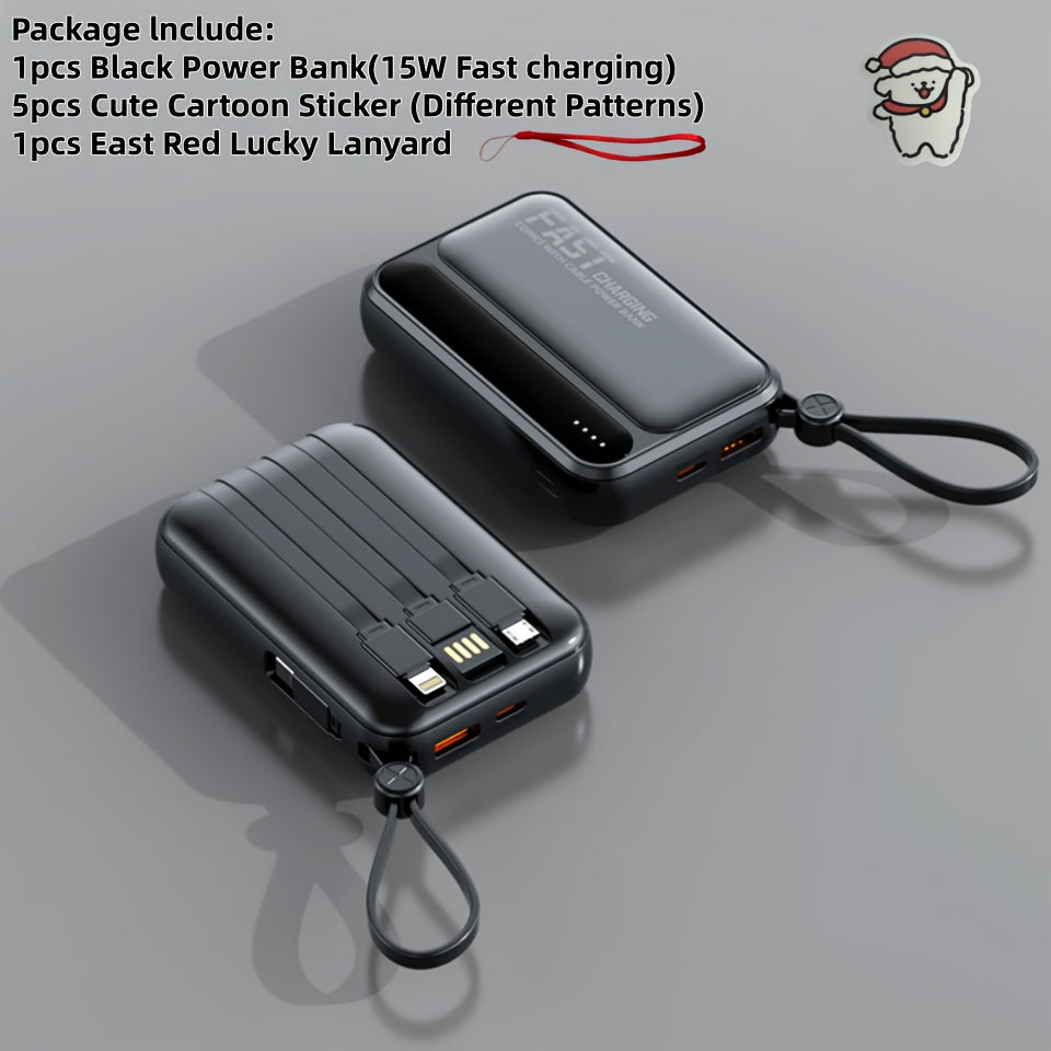 10000mAh 迷你可愛 5W/15W/22.5W 超級快充多功能卡通行動電源，可充電便攜式手機充電器，內含 4 條充電線，戶外旅行必備電池組，智慧 LED 數位顯示，Micro & Type-C 輸入