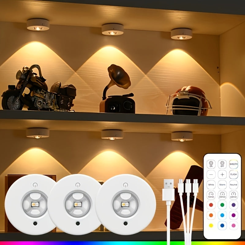 3个可充电RGB LED 橱柜灯带遥控器，亮度可调，USB可充电，USB接口、USB灯具灯饰，12种颜色模式，动态照明效果，定时功能，适用于橱柜、衣柜、家居装饰和办公室