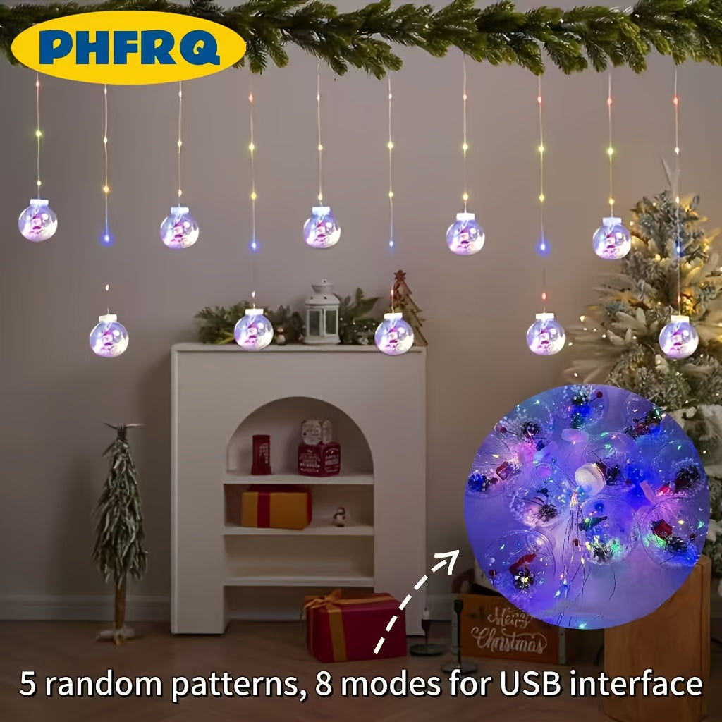 PHFRQ - 聖誕節 LED 燈串，帶有聖誕老人、馴鹿和雪人，8 種模式，USB 供電，優雅風格，彩色節日 LED 燈，無需電池，適合臥室、酒店窗戶展示、仙女燈，彩色燈光，暖光，聖誕節燈串，聖誕節燈，復古玻璃球，懸掛裝飾，電池玻璃球，房間裝飾，臥室仙女燈，裝飾用 LED 燈
