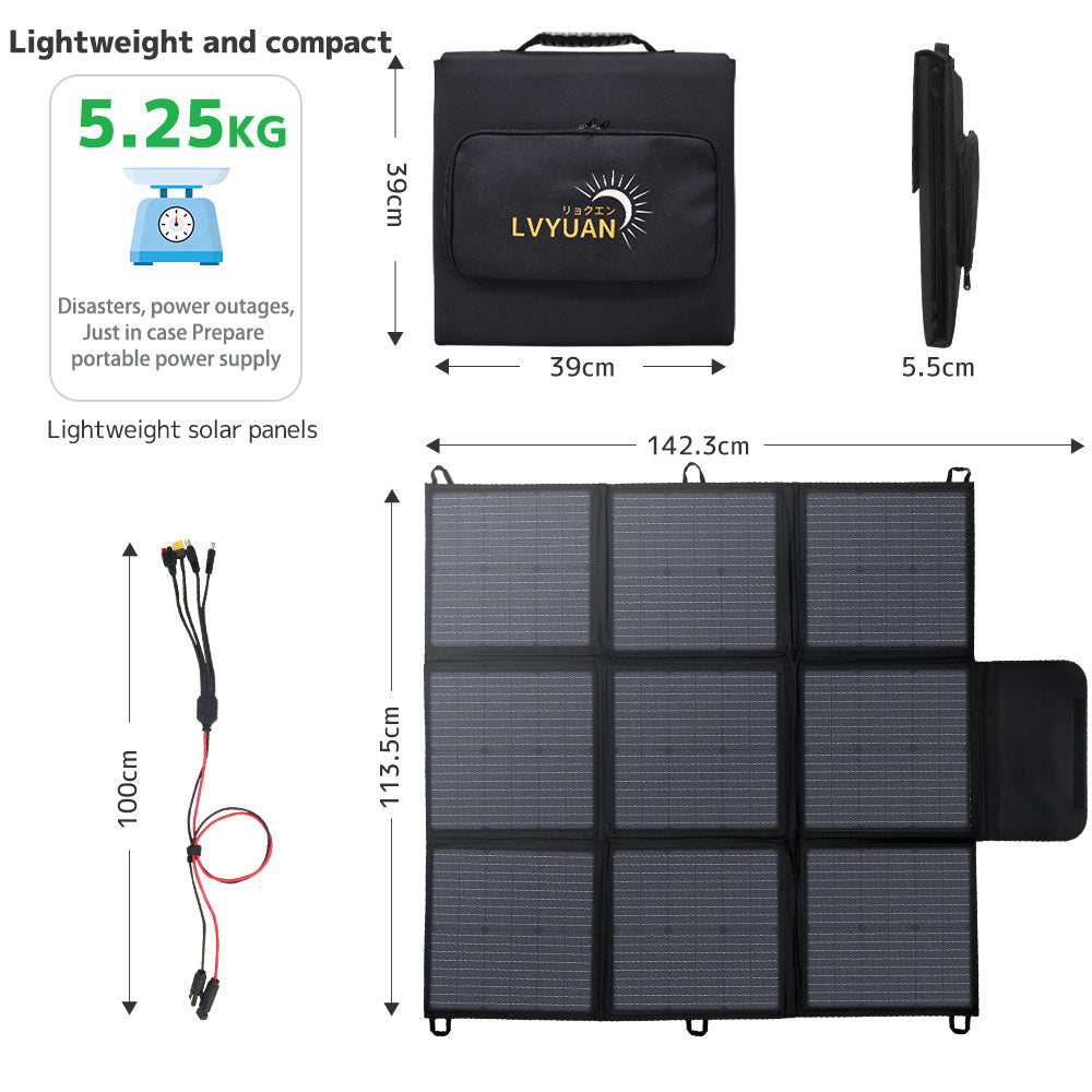 200W 高效單晶硅太陽能板，可攜式折疊式，附可調節支架，太陽能充電器，適用於露營車露營戶外旅行，離網生活，黑暗緊急電源，適用於手機、平板電腦、筆記型電腦、小型電器