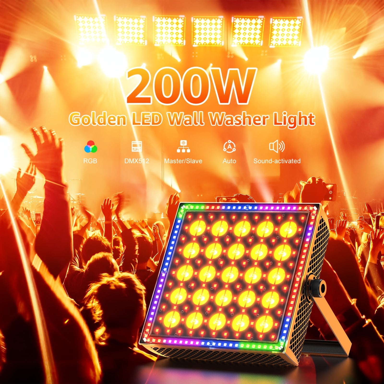 This 200W Gold LED Wall Washer Light is equipped with three automatic sound-activated modes and supports flexible DMX512 (15-channel) control, as well as automatic master/slave function. Perfect for stages, bars, and restaurants.