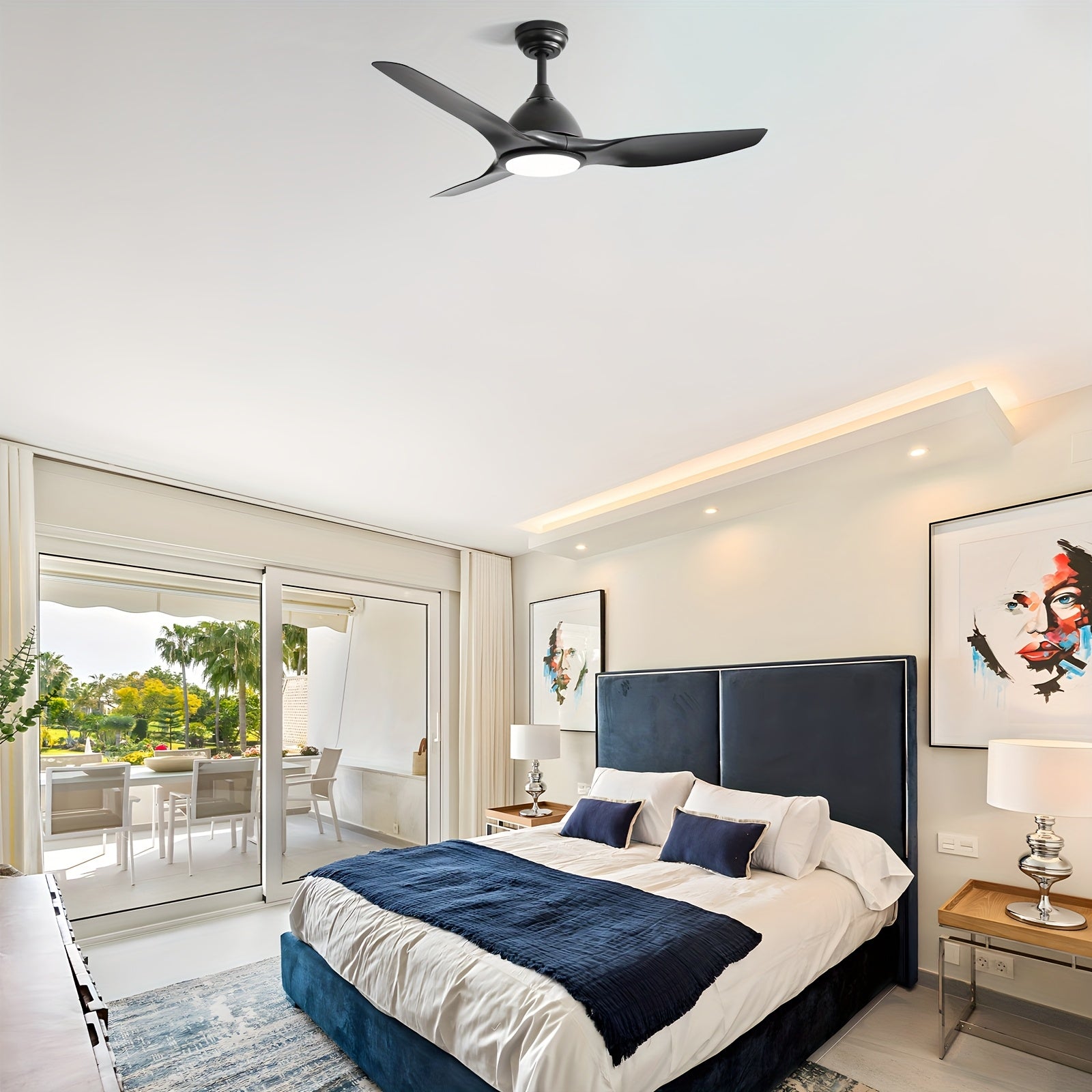 Sofucor 52-Inch Black Ceiling Fan, 3 Blades, 22W Dimmable LED Light, Memory Function, Reversible 6-Speed DC Motor, Ideal for Bedroom, Kitchen, Living Room